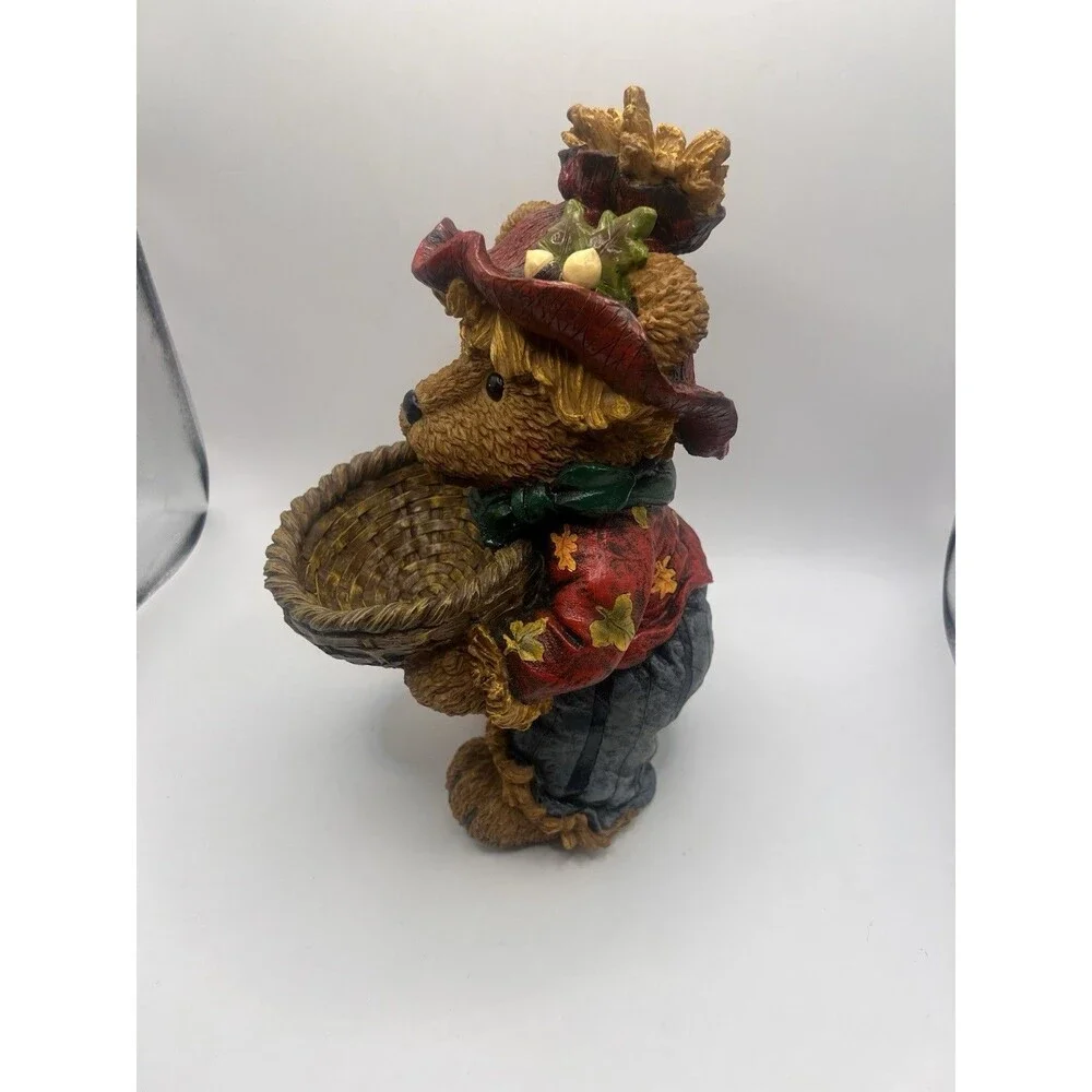Vintage 2004 Fall Harvest Teddy Bear Figurine Basket Autumn Decor 12”